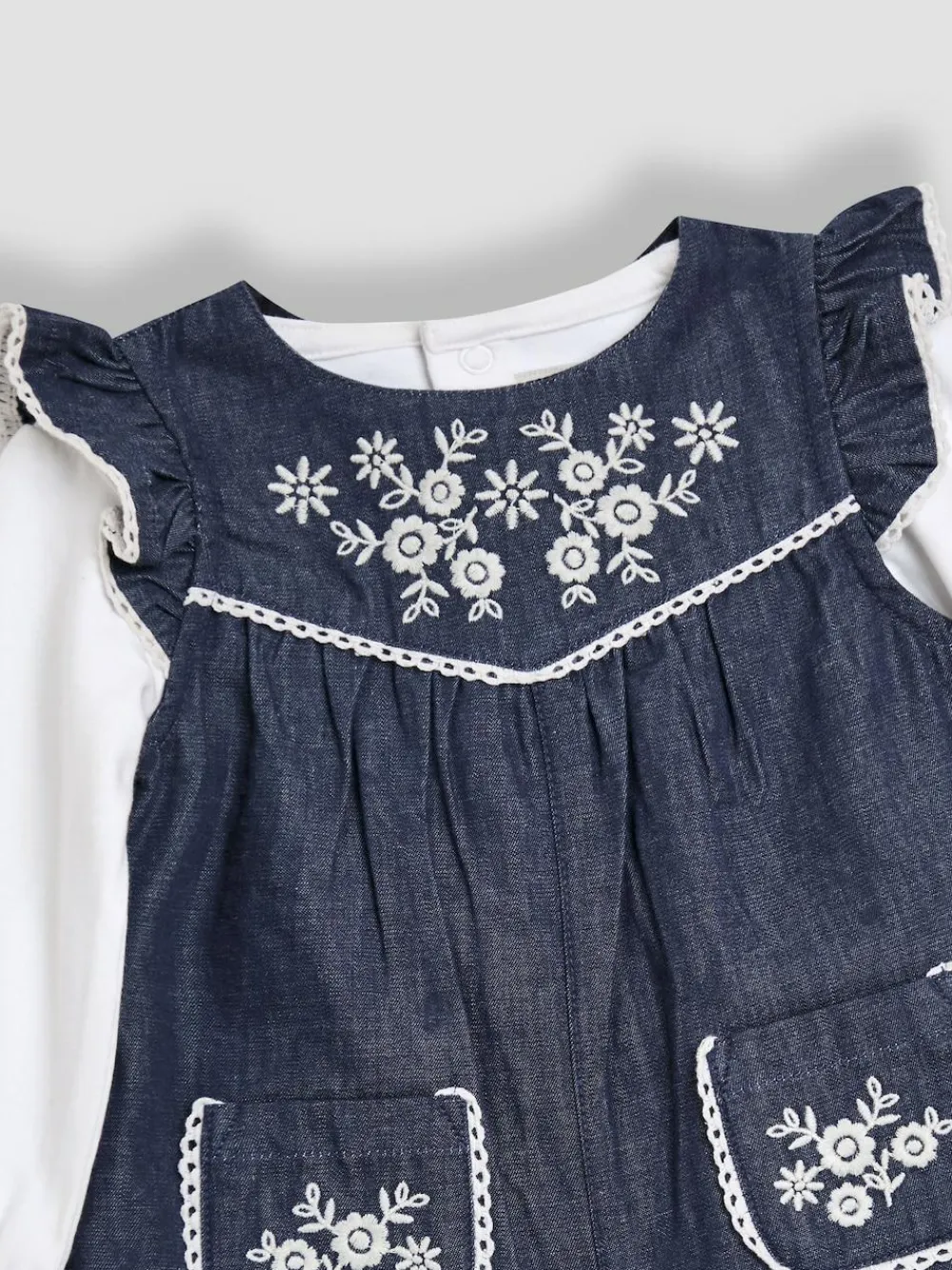 Jojo Maman Bébé Denim Blue Embroidered Chambray Dungarees & Top Set^ Jumpsuits & Playsuits
