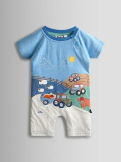 Jojo Maman Bébé Light Blue Tractor Appliqué Scene Romper^ Rompers & Overalls