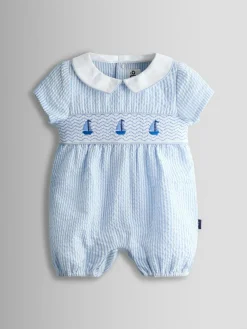 Jojo Maman Bébé Light Blue Boat Classic Smocked Romper^ Rompers & Overalls
