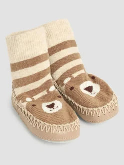 New Jojo Maman Bébé Mocha Bear Moccasin Slipper Socks