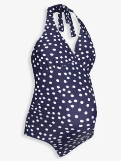 Best Jojo Maman Bébé Navy Blue & White Spot Sleeveless Tie Halterneck Maternity Swimsuit