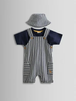 Jojo Maman Bébé Navy Blue Stripe Dungarees, T-Shirt & Hat 3-Piece Set^BOY Dungarees