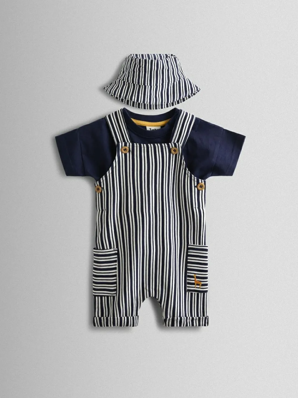Jojo Maman Bébé Navy Blue Stripe Dungarees, T-Shirt & Hat 3-Piece Set^BOY Dungarees