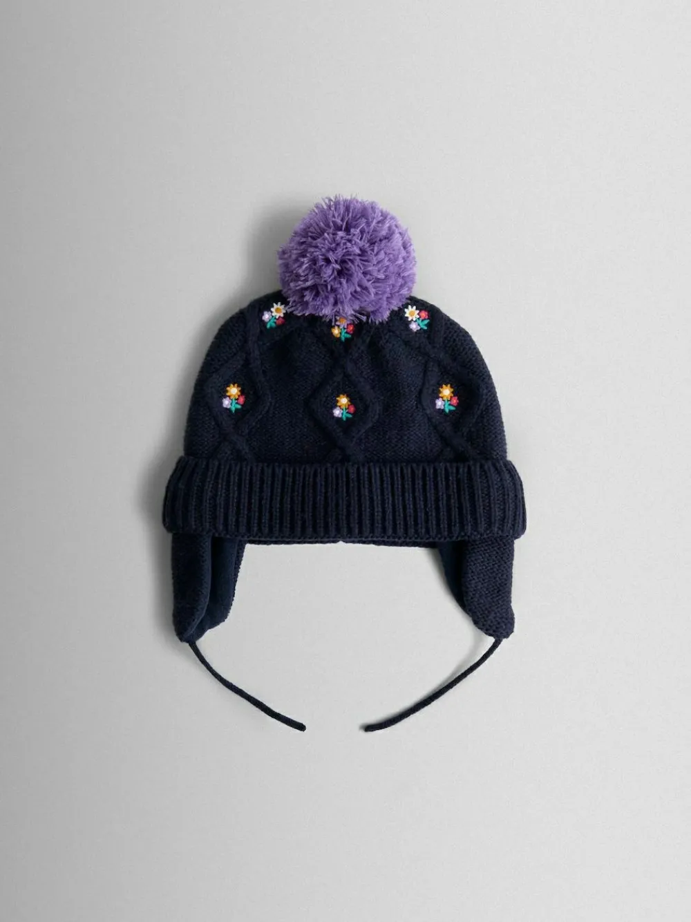 Clearance Jojo Maman Bébé Cherry Applique Pom Pom Knitted Hat Navy Floral