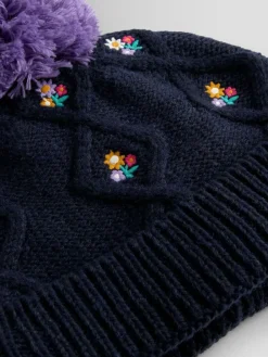 Clearance Jojo Maman Bébé Cherry Applique Pom Pom Knitted Hat Navy Floral