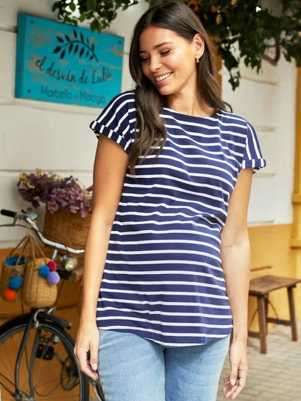 Jojo Maman Bébé Navy White Stripe Boyfriend Maternity Cotton T-Shirt^Women Loungewear