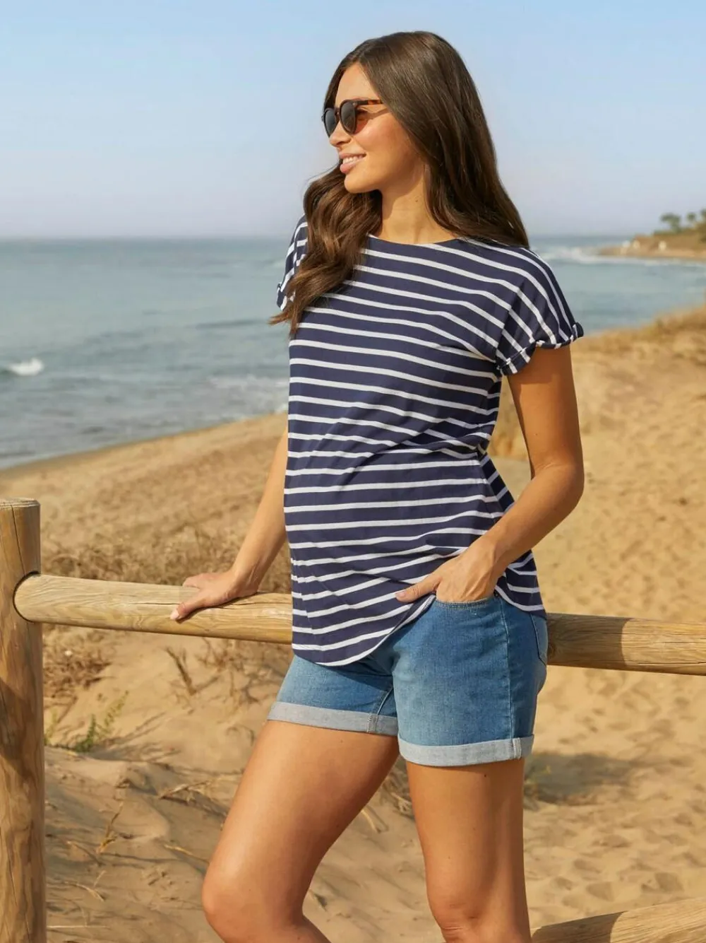 Jojo Maman Bébé Navy White Stripe Boyfriend Maternity Cotton T-Shirt^Women Loungewear