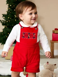Jojo Maman Bébé Red 2-Piece Smocked Dungarees & Bodysuit Set