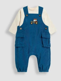 Jojo Maman Bébé Teal Blue Tractor 2-Piece Embroidered Cargo Cord Dungarees & Top Set^BOY Dungarees