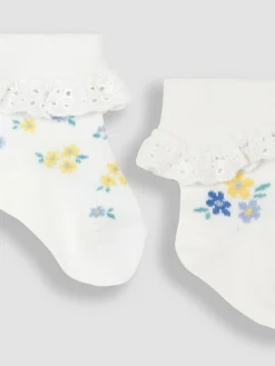 Jojo Maman Bébé White Floral 2-Pack Frilly Socks