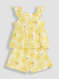 New Jojo Maman Bébé Yellow Sunflower Print 2-Piece Frill Shoulder Top & Short Set