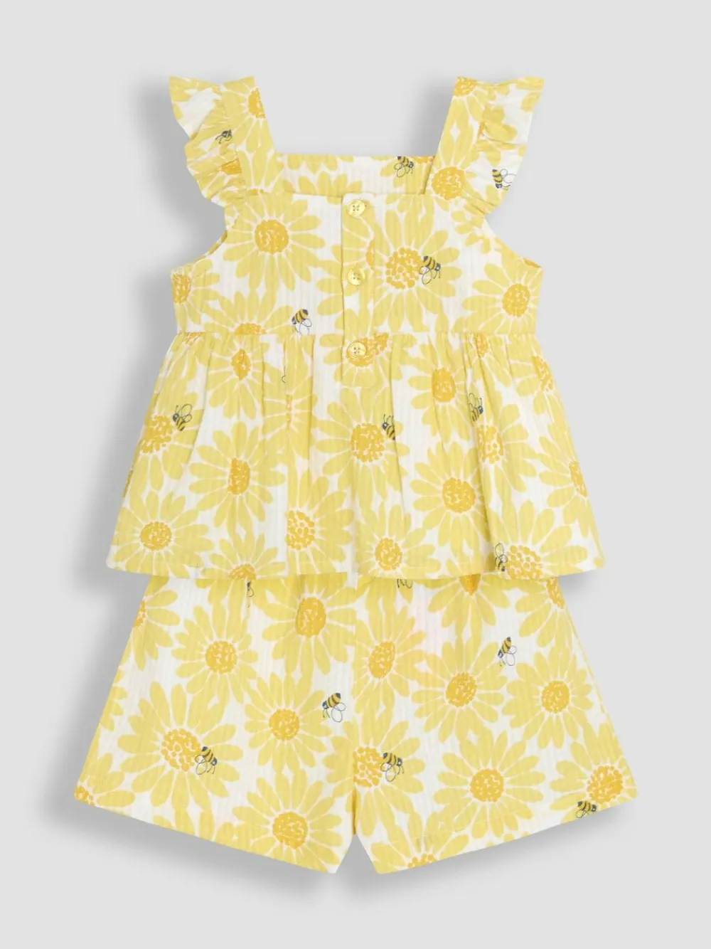 New Jojo Maman Bébé Yellow Sunflower Print 2-Piece Frill Shoulder Top & Short Set