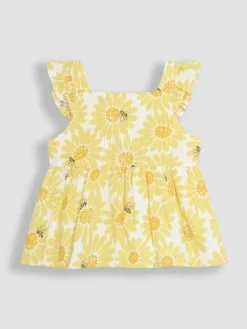 New Jojo Maman Bébé Yellow Sunflower Print 2-Piece Frill Shoulder Top & Short Set