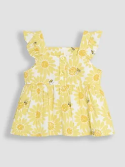 New Jojo Maman Bébé Yellow Sunflower Print 2-Piece Frill Shoulder Top & Short Set