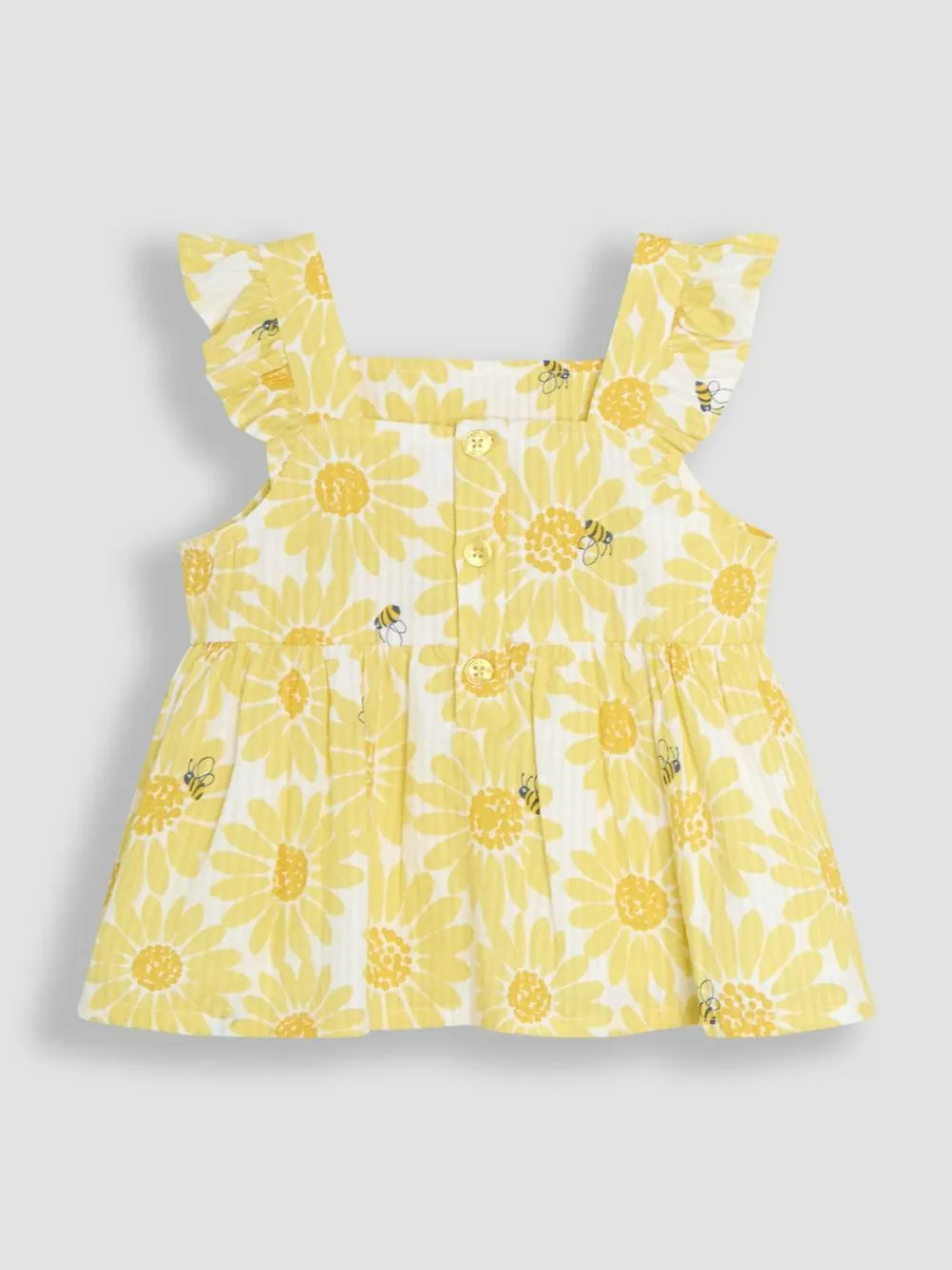 New Jojo Maman Bébé Yellow Sunflower Print 2-Piece Frill Shoulder Top & Short Set