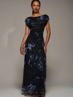 Jolie Moi Asymmetric Neck Mesh Maxi Dress^Women Maxi Dresses