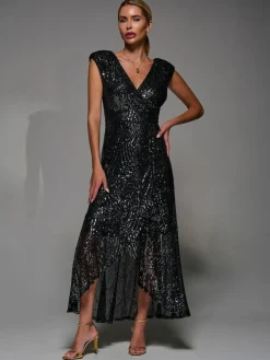 Jolie Moi Black Chrome Sequin Asymmetric Ruffle Hem Maxi Dress^Women Maxi Dresses