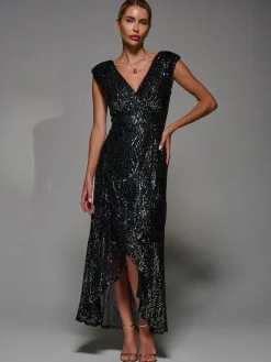 Jolie Moi Black Chrome Sequin Asymmetric Ruffle Hem Maxi Dress^Women Maxi Dresses