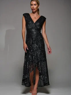 Jolie Moi Black Chrome Sequin Asymmetric Ruffle Hem Maxi Dress^Women Maxi Dresses