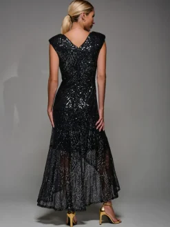 Jolie Moi Black Chrome Sequin Asymmetric Ruffle Hem Maxi Dress^Women Maxi Dresses