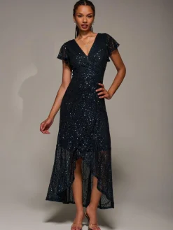 Jolie Moi Black Frill Short Sleeve Sequin Maxi Dress^Women Midi Dresses