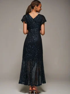 Jolie Moi Black Frill Short Sleeve Sequin Maxi Dress^Women Midi Dresses