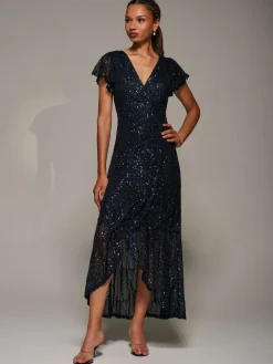 Jolie Moi Black Frill Short Sleeve Sequin Maxi Dress^Women Midi Dresses