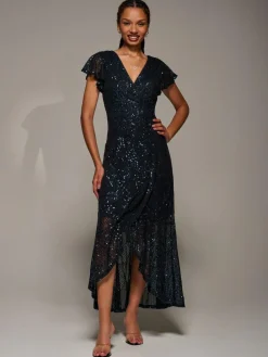 Jolie Moi Black Frill Short Sleeve Sequin Maxi Dress^Women Midi Dresses