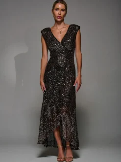 Clearance Jolie Moi Black Ground Sequin Asymmetric Ruffle Hem Maxi Dress