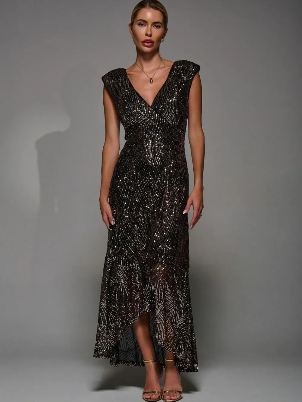 Clearance Jolie Moi Black Ground Sequin Asymmetric Ruffle Hem Maxi Dress