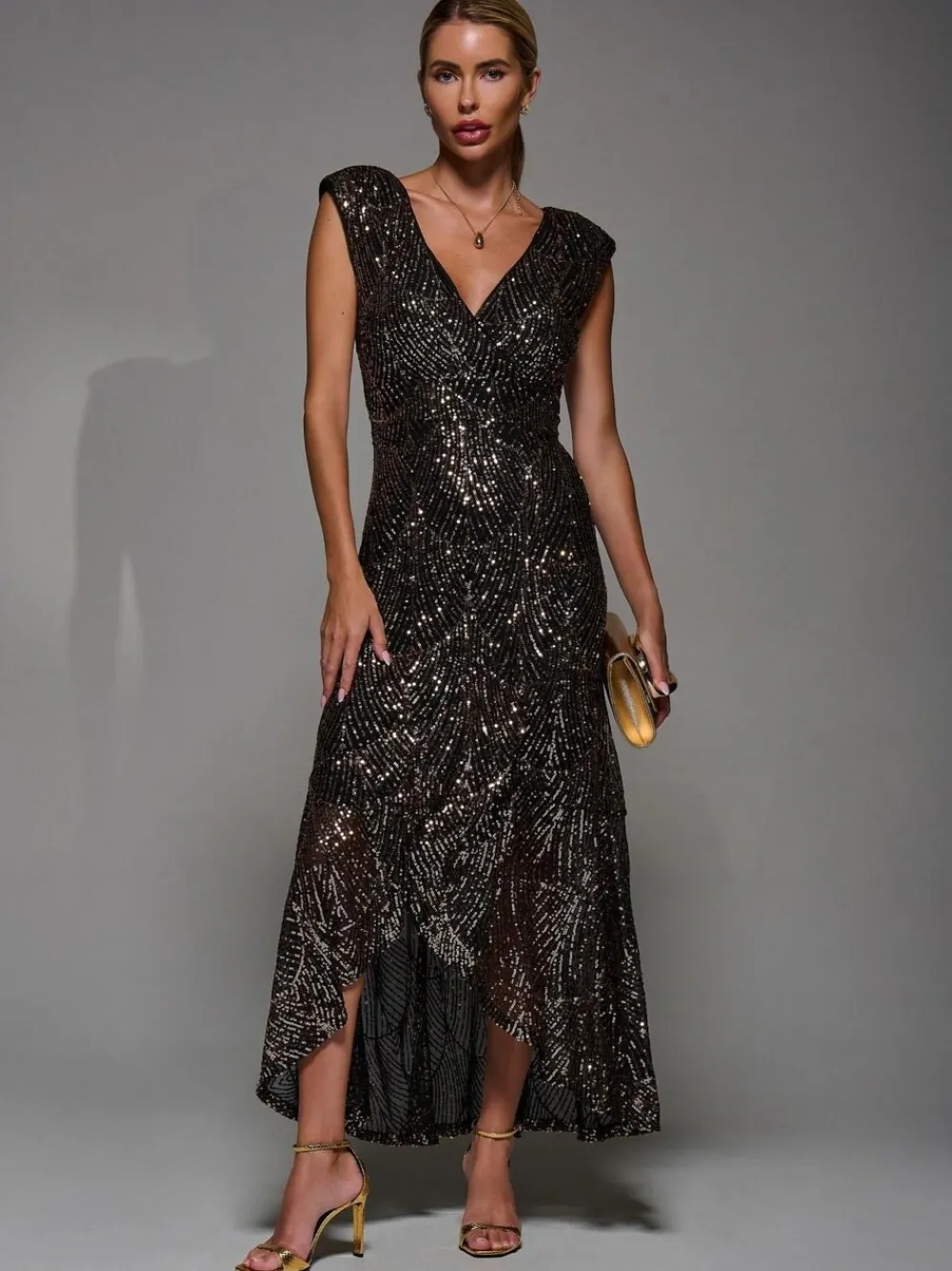 Clearance Jolie Moi Black Ground Sequin Asymmetric Ruffle Hem Maxi Dress