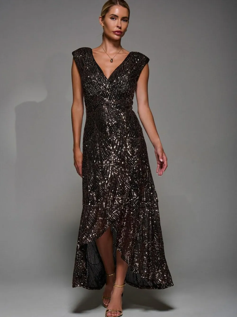 Clearance Jolie Moi Black Ground Sequin Asymmetric Ruffle Hem Maxi Dress