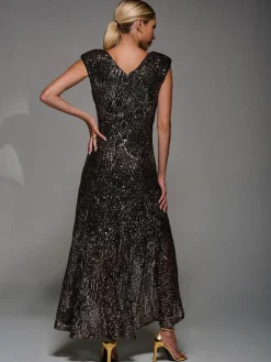 Clearance Jolie Moi Black Ground Sequin Asymmetric Ruffle Hem Maxi Dress