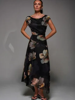 Jolie Moi Mesh Asymmetrical Draped Maxi Dress^Women Maxi Dresses