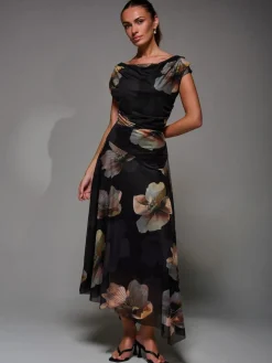 Jolie Moi Mesh Asymmetrical Draped Maxi Dress^Women Maxi Dresses