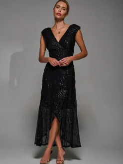 Jolie Moi Black Sequin Asymmetric Ruffle Hem Maxi Dress^Women Maxi Dresses