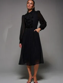 Jolie Moi Black Textured Chiffon Ruffle Shirt Dress^Women Occasion Dresses|Midi Dresses