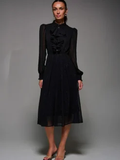 Jolie Moi Black Textured Chiffon Ruffle Shirt Dress^Women Occasion Dresses|Midi Dresses