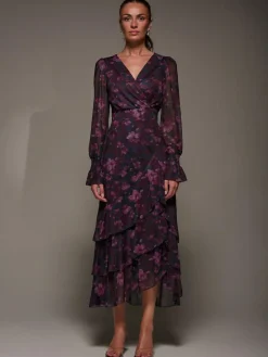 Best Jolie Moi Blue Long Sleeve Ruffle Hem Mesh Maxi Dress