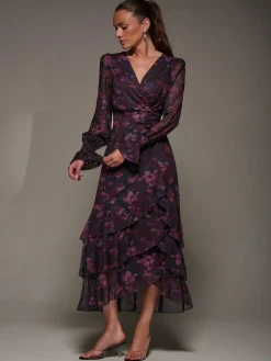 Best Jolie Moi Blue Long Sleeve Ruffle Hem Mesh Maxi Dress