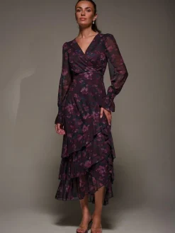 Best Jolie Moi Blue Long Sleeve Ruffle Hem Mesh Maxi Dress