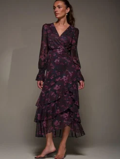 Best Jolie Moi Blue Long Sleeve Ruffle Hem Mesh Maxi Dress