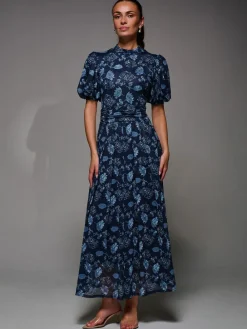 Hot Jolie Moi Puffy Sleeve Printed Mesh Maxi Dress Blue