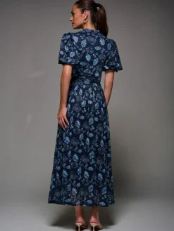 Hot Jolie Moi Puffy Sleeve Printed Mesh Maxi Dress Blue