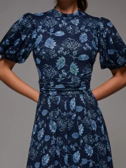 Hot Jolie Moi Puffy Sleeve Printed Mesh Maxi Dress Blue