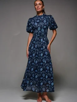 Hot Jolie Moi Puffy Sleeve Printed Mesh Maxi Dress Blue