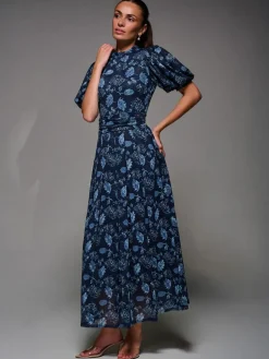 Hot Jolie Moi Puffy Sleeve Printed Mesh Maxi Dress Blue