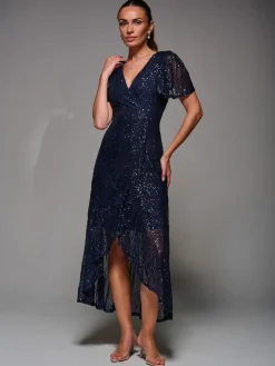 Hot Jolie Moi Blue Sequin Angel Sleeve Ruffle Hem Maxi Dress
