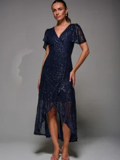Hot Jolie Moi Blue Sequin Angel Sleeve Ruffle Hem Maxi Dress