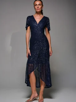 Hot Jolie Moi Blue Sequin Angel Sleeve Ruffle Hem Maxi Dress